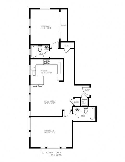 Floor plan for 2 beds, 2 baths, 1000 sqft